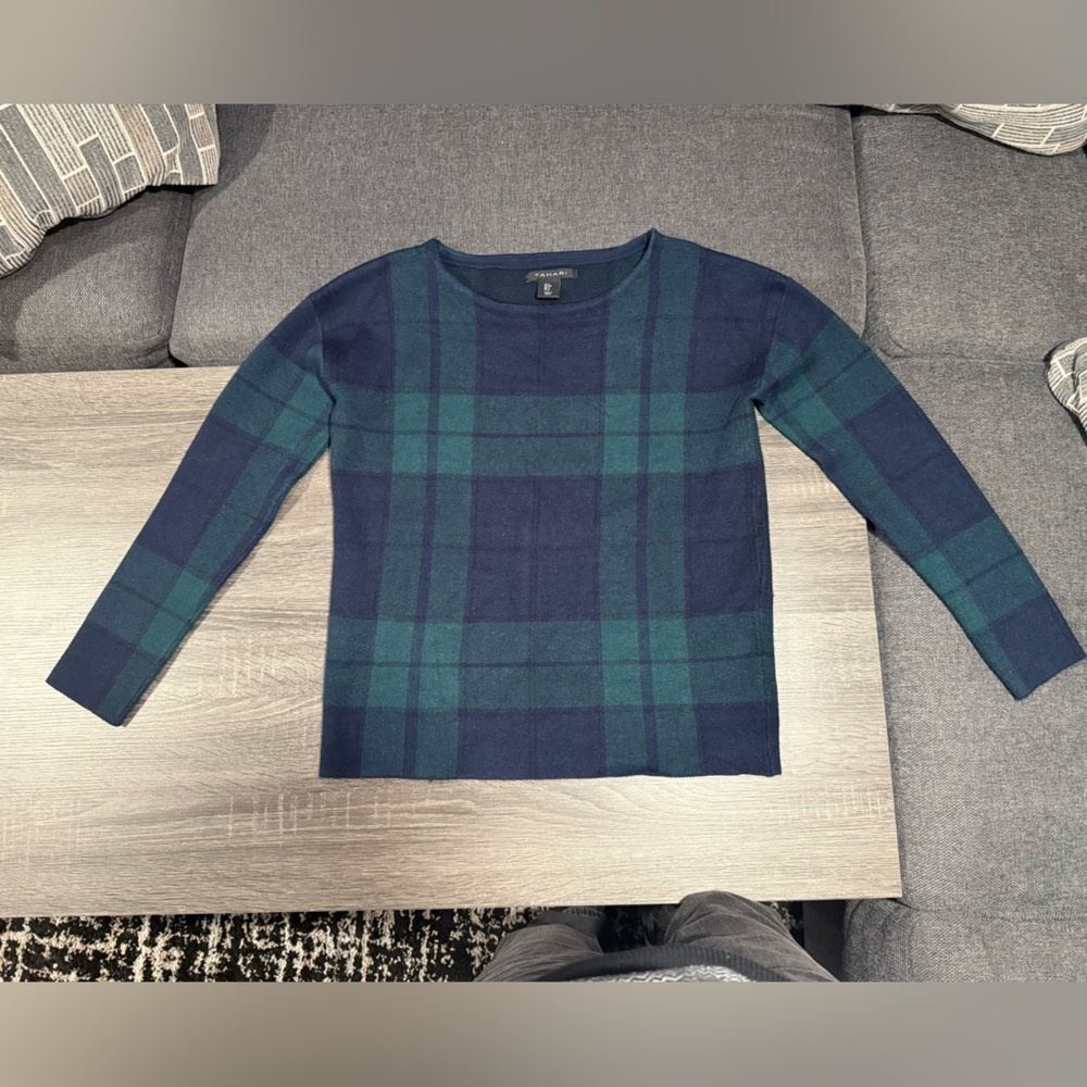 Tahari Women's Crewneck Sweater - Navy and Teal Plaid - Picture 3 of 15